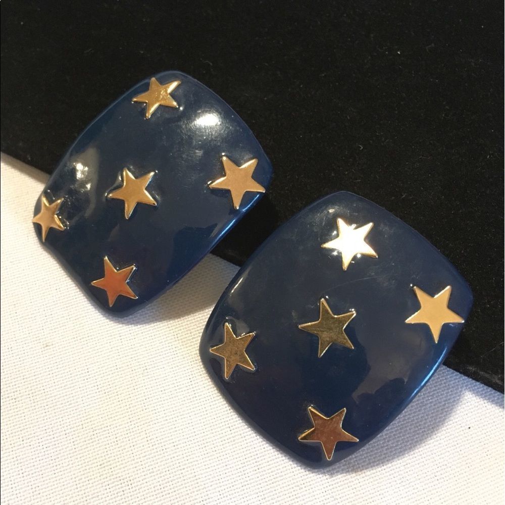 Vintage Navy Blue Earrings With Gold Stars - Picture 3 of 4
